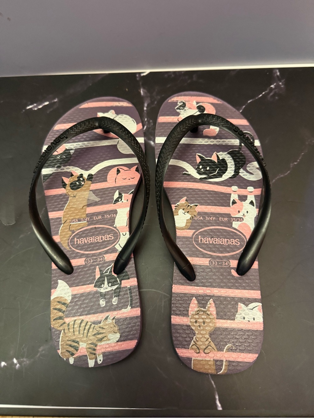 Havaianas Cat-Pattern Flip Flops in Pink and Black